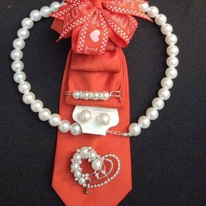 Red Necktie NecklacePearl Jewelry Set with Heart Pendant